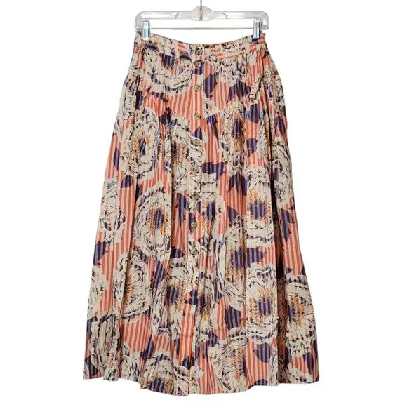 Anthropologie Stripe Floral Button Front A-Line Midi Skirt Cotton Red Blue S - Picture 15 of 15